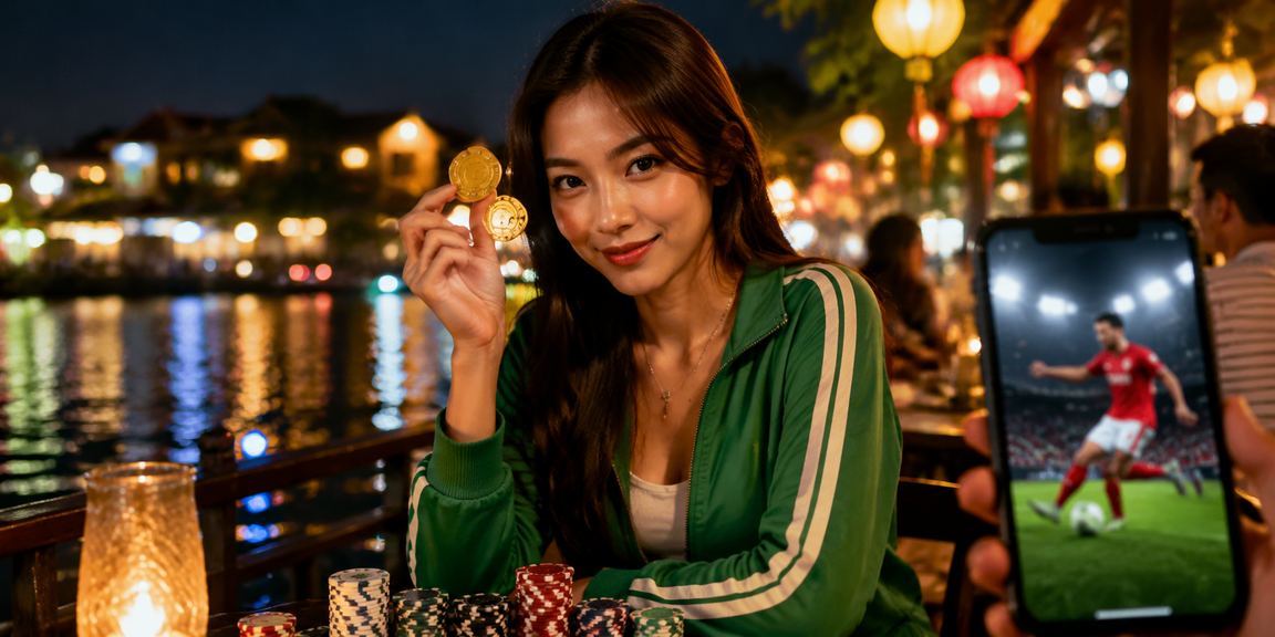Người xem kèo thể thao tại quán cà phê Hội An với ly cà phê và điện thoại
